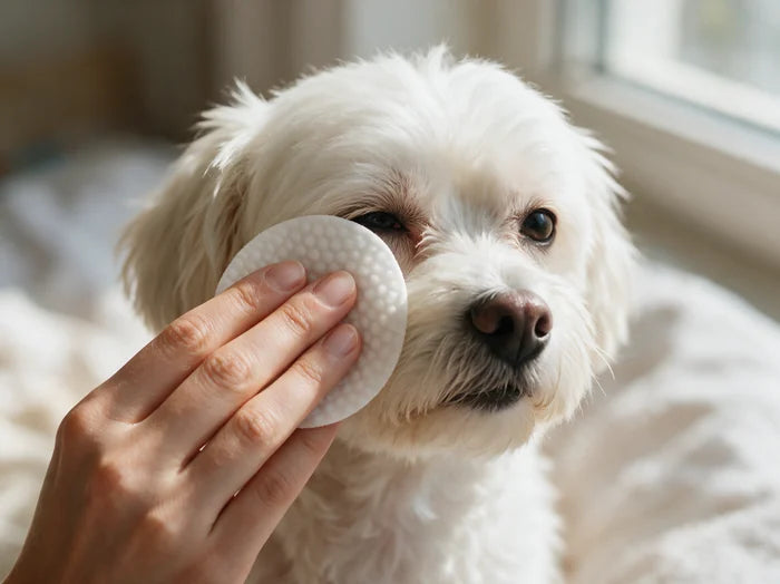 An EyeWipes pad being wiped gently around a calm dog's eye