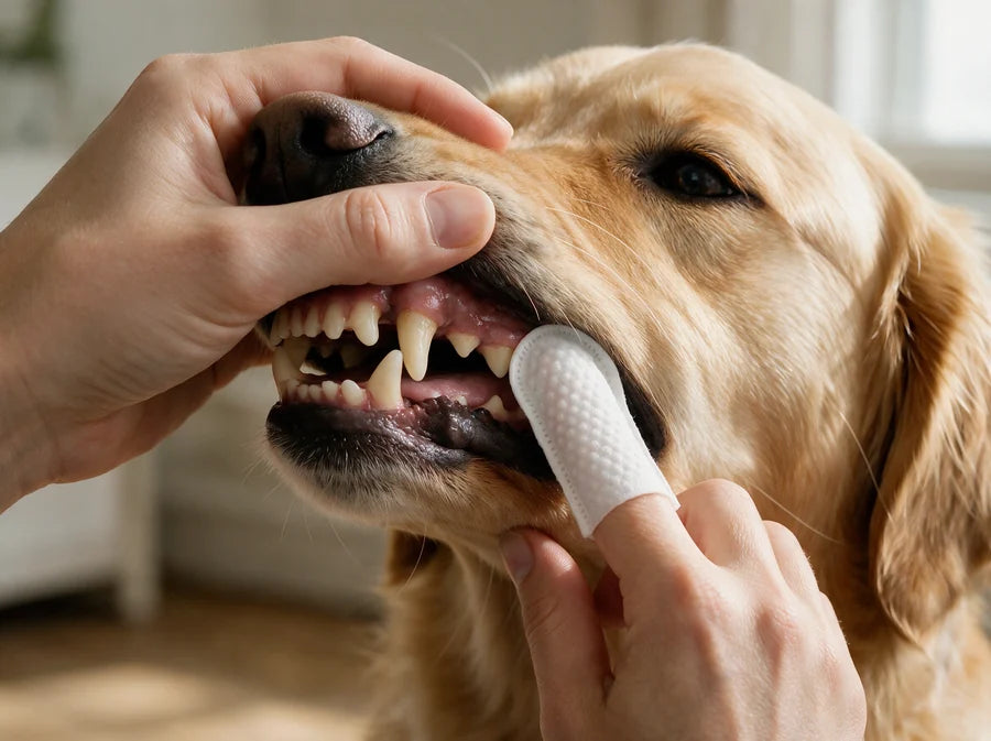 FreshWipes finger sleeve cleaning along a dog's teeth and gumline